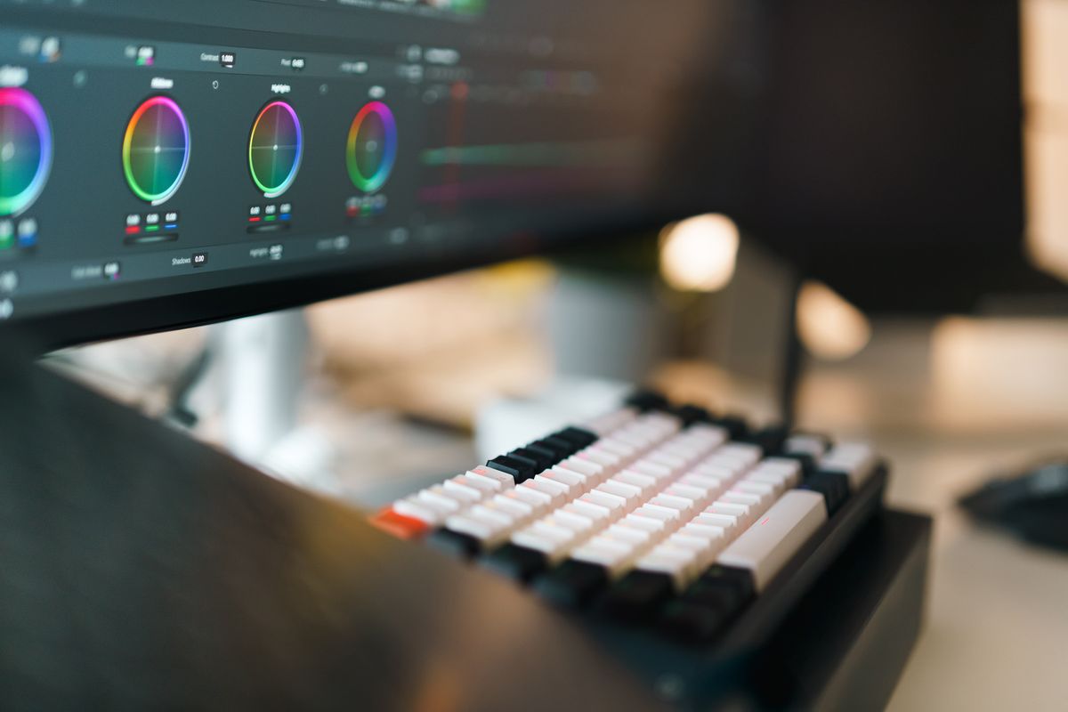 Video editing workstation with monitor and keyboard